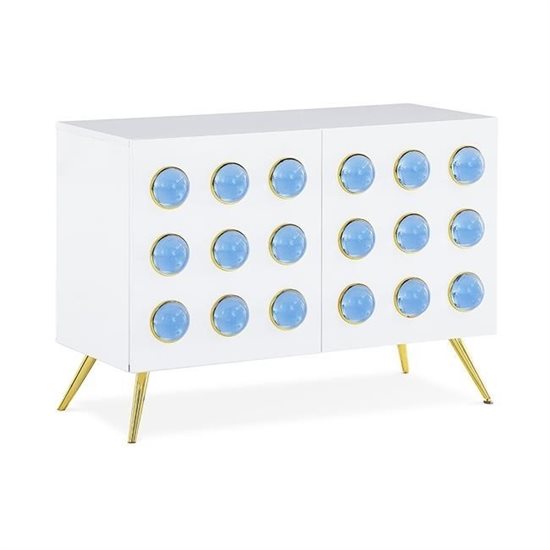 Jonathan Adler’s spring collection includes the Globo cabinet, which nods to trending Art Deco. The cabinet is faced with rows of blue acrylic cabochons set in brass, on a white lacquer base.
