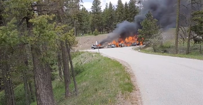A motorhome was on fire along Highway 3, east of Osoyoos, May 29, 2022.
