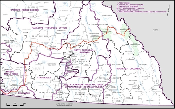 Elections Canada has proposed this map to redistribute federal risings in Southern B.C. The black lines are the existing boundaries and the purple lines are the proposed borders. 