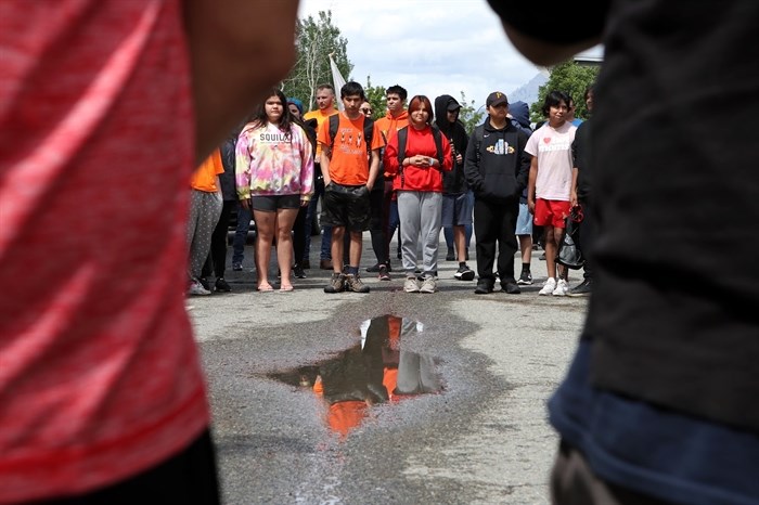 syilx Youth gather outside of the Kamloops Indian Residential “School” in Secwépemc territory, prior to the start of the 14th annual Spirit of syilx Youth Unity Run on June 3, 2022.