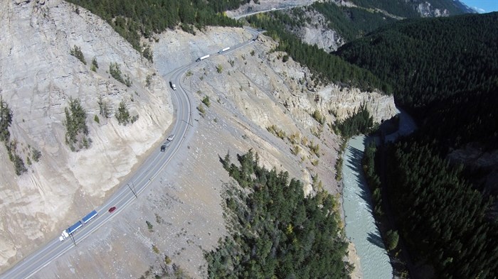 An overview photo of the Kicking Horse Canyon before the four-laning construction began. 