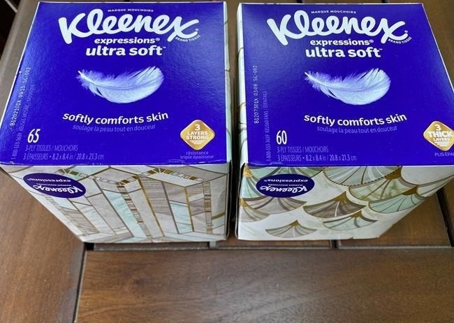 Two boxes of Kleenex tissues are displayed in Ann Arbor, Mich., on Wednesday, May 25, 2022.