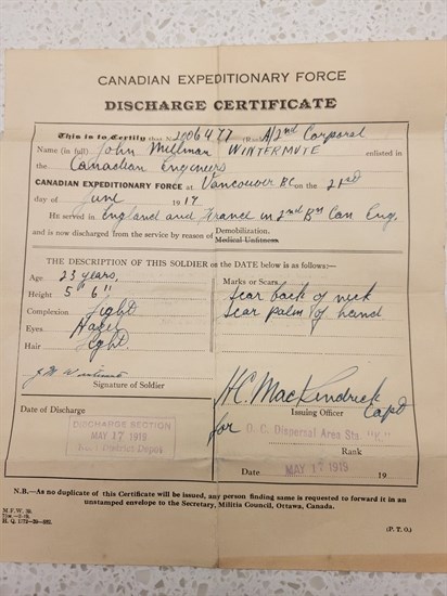 Cpl. John Milliman Wintermute's First World War Canadian discharge certificate.