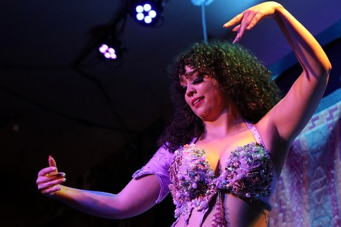 Keisha McLean of Boundless Belly Dance performs a mix of Fusion and Raqs Sharqi dancing at Penticton’s Dream Cafe on syilx territory on June 4 during the kick off of the South Okanagan Similkameen Pride Society’s month-long Pride celebrations.