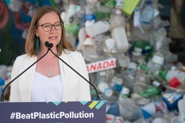 Karina Gould, Minister of Families, Children and Social Development, speaks during a press conference announcing the start of phasing out six harmful plastics as part of the plan to ban single-use plastic, in Toronto on Monday, June 20, 2022.
