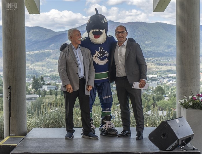 Penticton Mayor John Vassilaki, Fin the mascot, and Stan Smyl, vice-president hockey operations for the Vancouver Canucks held a press conference to announce the return of the Young Stars Classic.