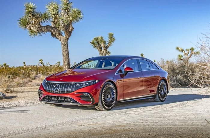 This photo provided by Mercedes-Benz shows the 2022 Mercedes-Benz EQS, a large electric luxury sedan with an EPA-estimated range of up to 350 miles.