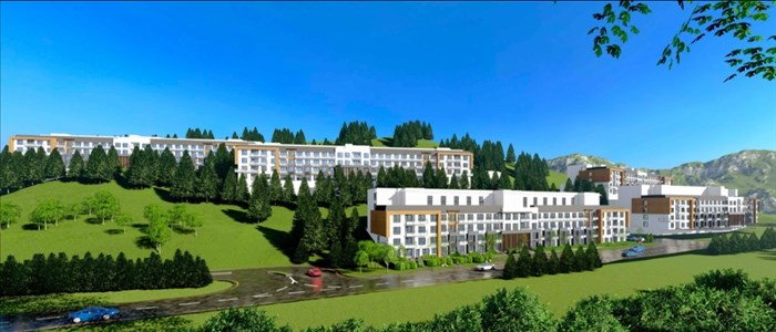 This is a rendering of a 490-unit apartment complex proposed for West Kelowna.