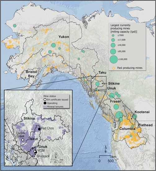 Current and past producing metal and coal mining locations in northwestern North America, with river watersheds outlined. Teal circles represent the largest currently operating mines in the region. The inset illustrates the high density of mineral tenures (purple polygons) in the B.C. extent of the Stikine, Iskut and Unuk rivers.
