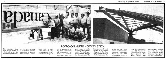 The Aug. 15, 1985 Penticton Herald reported on when the Canada logo was applied to the world's largest hockey stick. 
