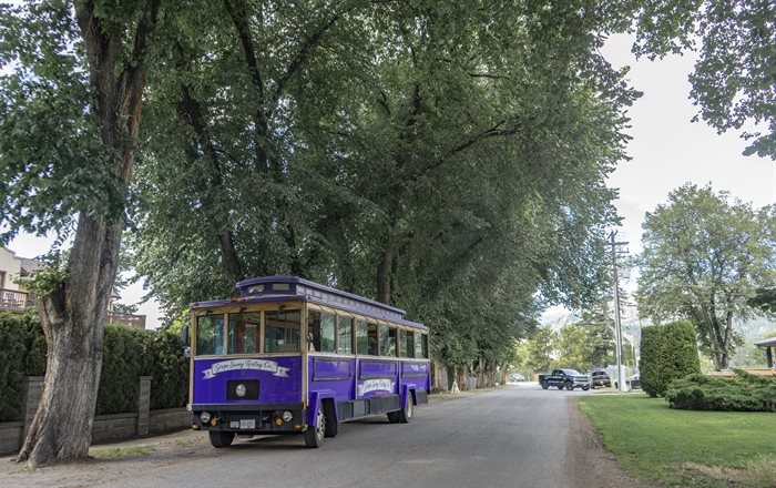 This trolley, named Mr. Merlot, is part of the fleet with Grape Savvy Wine Tours. 