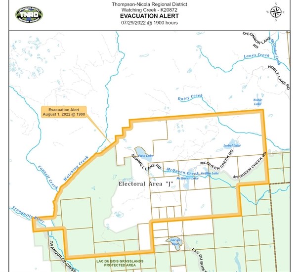 Thompson Nicola Regional District's evacuation alert map for the Watching Creek wildfire posted Aug.1 at 7 p.m.