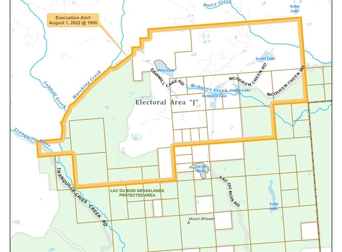 Thompson Nicola Regional District's evacuation alert map for the Watching Creek wildfire posted Aug.1 at 7 p.m.