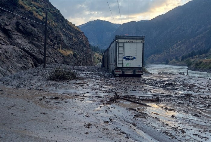 A mudslide on Highway 1 has closed the route between the Highway 12 and Highway 8 junctions for 35 kilometres, from Spences Bridge to Lytton, Aug. 10, 2022.