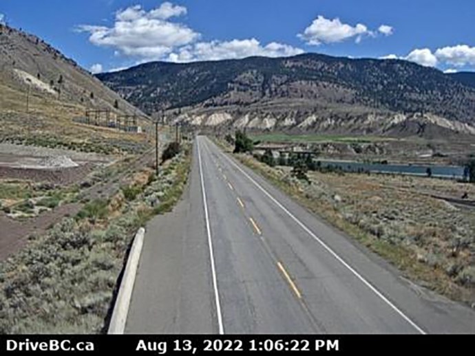 Highway 1, on the west side of the Thompson River at the north end of Spences Bridge, looking north.