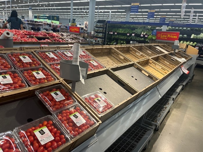 An empty produce shelf in Kelowna's Walmart, Aug, 18, 2022.