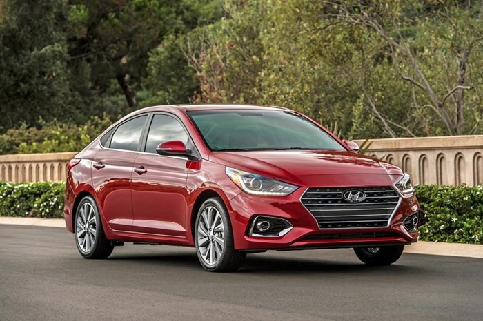 This photo provided by Hyundai shows the 2022 Hyundai Accent, a subcompact sedan that gets about 36 mpg combined. 