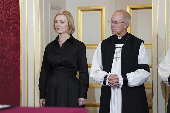 Britain's Prime Minister Liz Truss and Archbishop of Canterbury, Justin Welby during the Accession Council ceremony at St James's Palace, London, Saturday, Sept. 10, 2022, where King Charles III is formally proclaimed monarch.