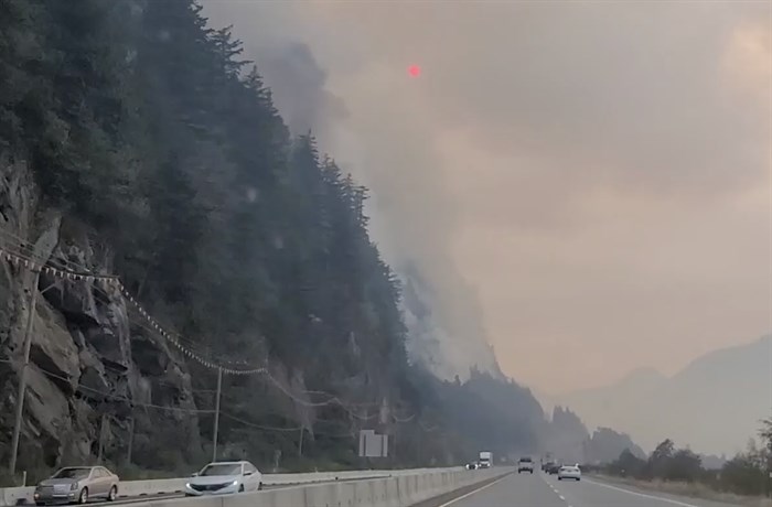The Flood Falls Trail wildfire near Hope is seen from Highway 1, Sept. 10, 2022.