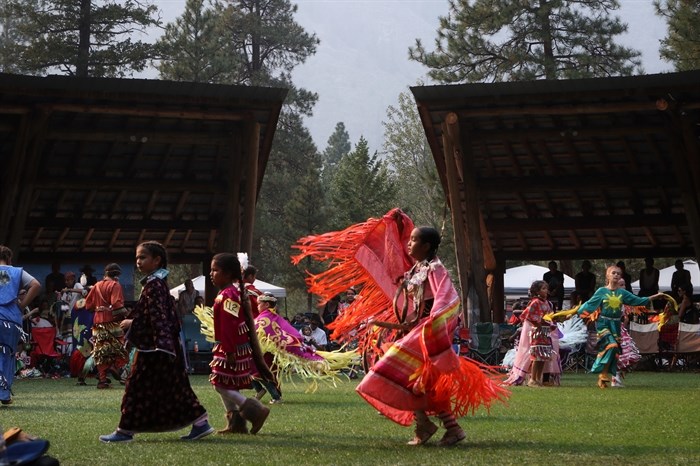 Dancers participate in the 2022 Similkameen Powwow of Champions at the sna?snulax?tn Campground in syilx homelands on Sept. 3, 2022.