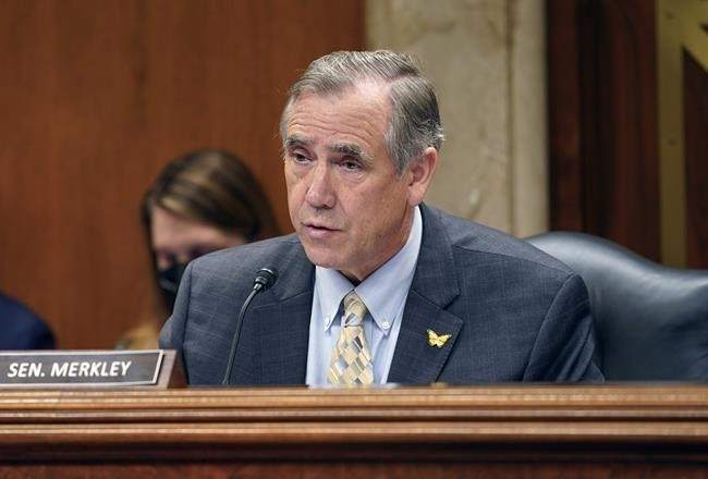 Sen. Jeff Merkley, D-Ore., questions Interior Secretary Haaland during a Senate Appropriations subcommittee hearing on the budget, Wednesday, July 13, 2022, on Capitol Hill in Washington. Lawmakers on Capitol Hill are pushing their Senate colleagues to pass legislation that would make financing easier for cannabis operations in the United States.