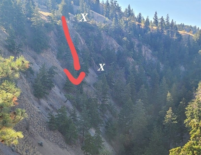 A photo showing a where a dog fell from on the east side of Peterson Creek Canyon in Kamloops. 