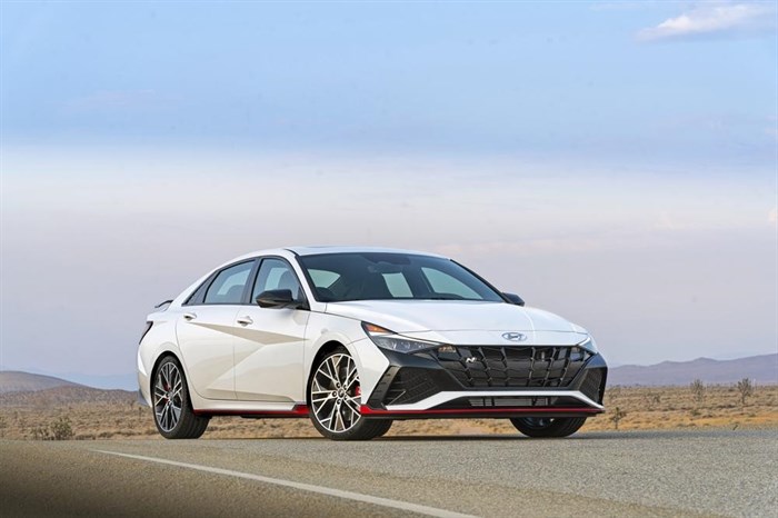 This photo provided by Hyundai shows the 2022 Hyundai Elantra N, a sporty sedan based on an economy car but reengineered to put out 276 horsepower.