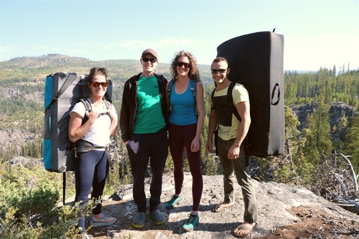 From left to right: Climbers Kayla Chappell, Moira Pearson, Jonty Pearson and Loic Markley enjoy a day at the Kelowna Boulder Fields.