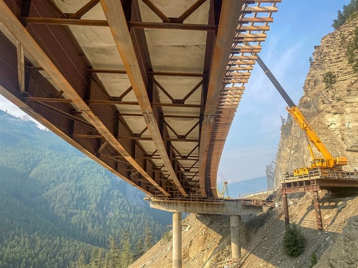 A view from below of Frenchman's Bridge at Kicking Horse Canyon, Sept. 14, 2022.
