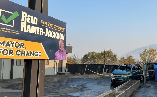 A vehicle on the lot at Kamloops Mayor-elect Reid Hamer-Jackson's used car dealership lot went up in flames, Wednesday, Oct. 19, 2022.