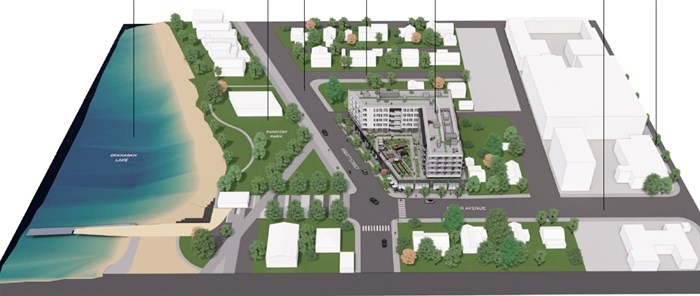 This six-storey building is proposed to overlook Kelowna's newest waterfront park.