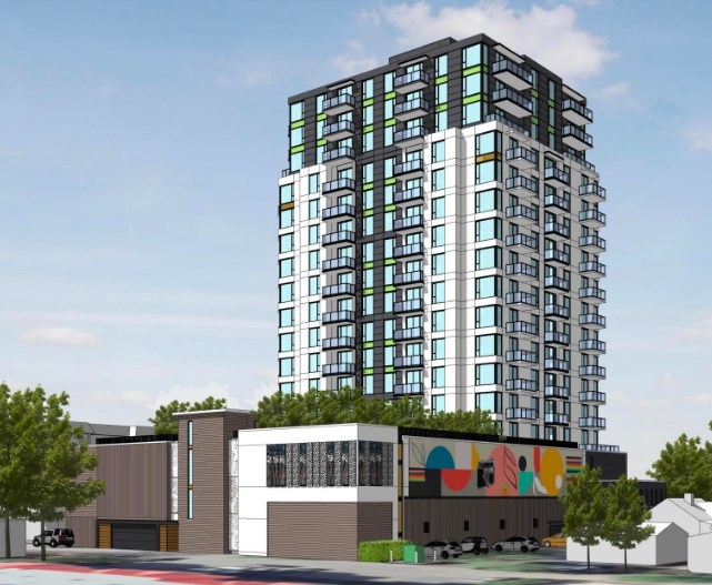 Rendering of a proposed 19-storey highrise rental building downtown.