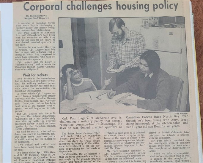 A newspaper clipping of Cpl. Paul Lagace challenging a military housing policy in the 80s. 