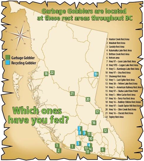 A map of where the new Garbage Gobblers can be found in B.C.