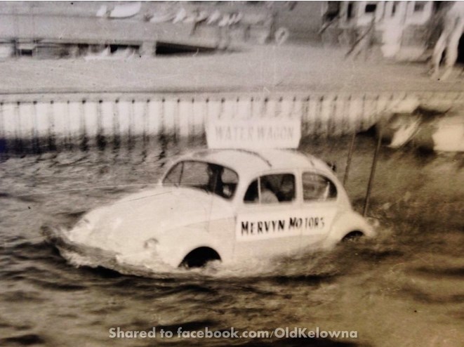 Doug Mervyn drove this Volkswagen around in Okanagan Lake following the 1959 ad 1960 Regatta parades.