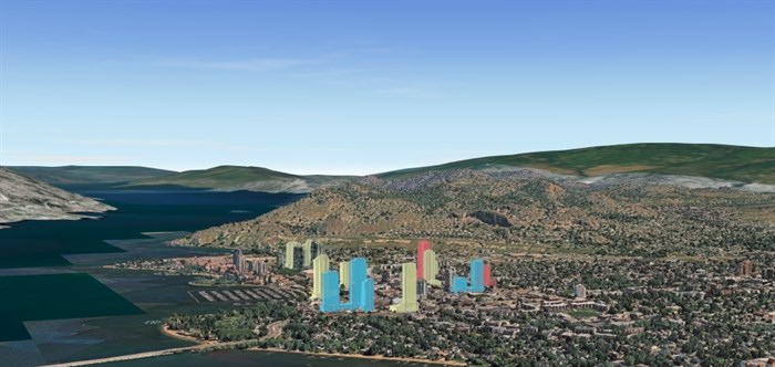 This view using the new City of Kelowna 3D tool shows proposed highrises downtown.