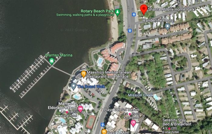 The Shasta Mobile Home Park is across the street from Rotary Beach and less than 1 km away from Manteo Beach and the Eldorado Hotel, which Ted Callahan also owns.