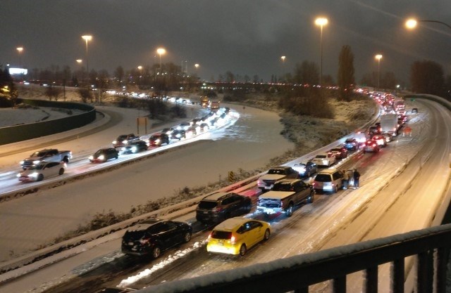 Commuters were stalled for hours in snowy conditions in Lower Mainland cities last night, Nov. 29, 2022.