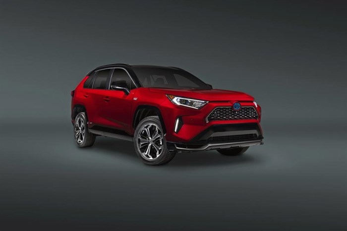 This photo provided by Toyota shows the 2022 Toyota RAV4 Prime, a small plug-in hybrid SUV with an electric range of about 42 miles and a combined fuel economy rating of 38 mpg.