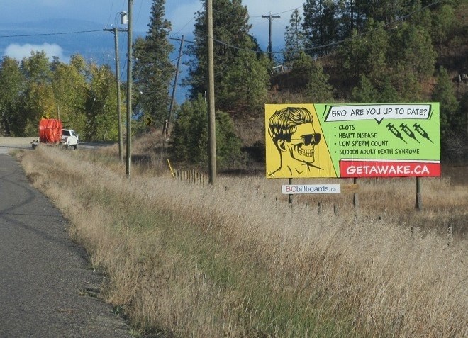 A billboard along the Trans-Canada Highway near Chase was erected on Oct. 27, 2022, promoting COVID-19 vaccine misinformation.