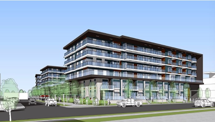 A rendering of the apartment complex proposed for 270 Riverside Dr. in Penticton. 