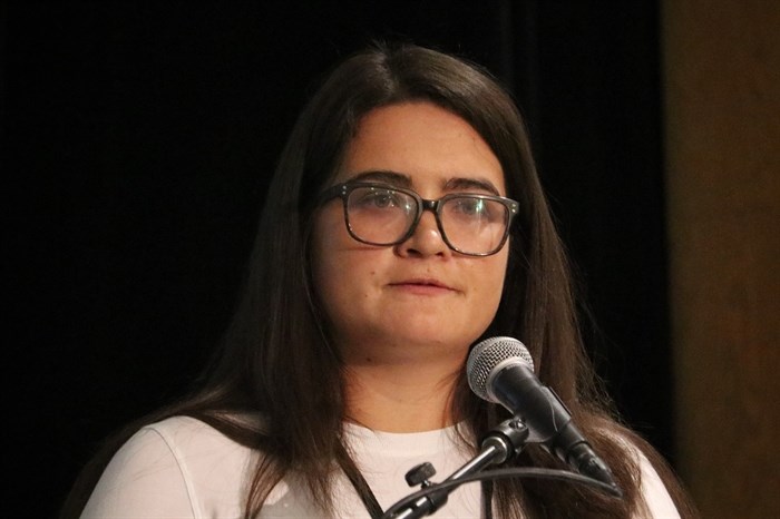 Tessa Terbasket of Lower Similkameen Indian Band speaks during a presentation at the 2022 nk’mip (Osoyoos Lake) Water Science Forum at the Sonora Community Centre on Oct. 28, 2022. 