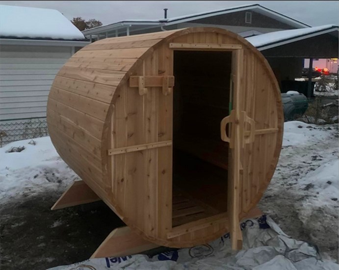 This is a barrel sauna built by the newly launched Okanagan Fire Tubs in Oyama.
