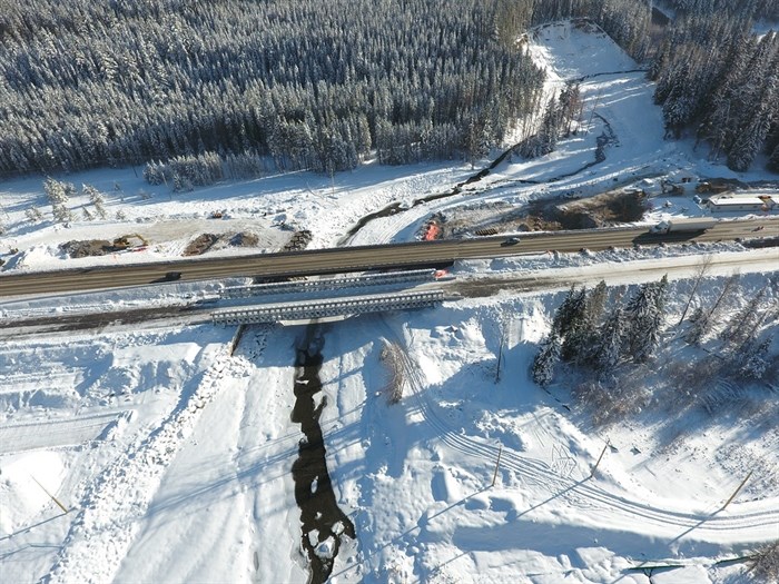 An aerial view of one of the bridge's that was repaired along the Coquihalla Highway following the catastrophic flooding in November of 2021.
