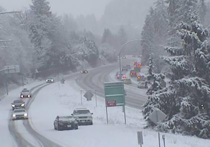 Vehicles that wiped out can be seen on a DriveB.C. webcam near Highway 1 in West Vancouver