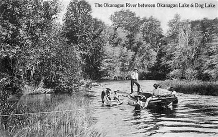 Early rafters on the Okanagan River between Okanagan Lake and Dog Lake in the 1890s.