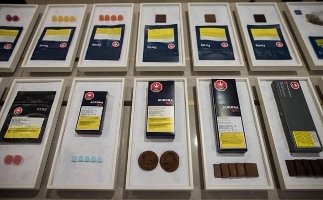 A variety of cannabis edibles are displayed at the Ontario Cannabis Store in Toronto on Friday, Jan. 3, 2020. Quebec prohibits edibles — cannabis-infused food — sold in the province from appealing to young people, forcing consumers to choose from a selection of products such as dried figs to get high. Industry insiders say the tough regulations are helping the black market thrive.