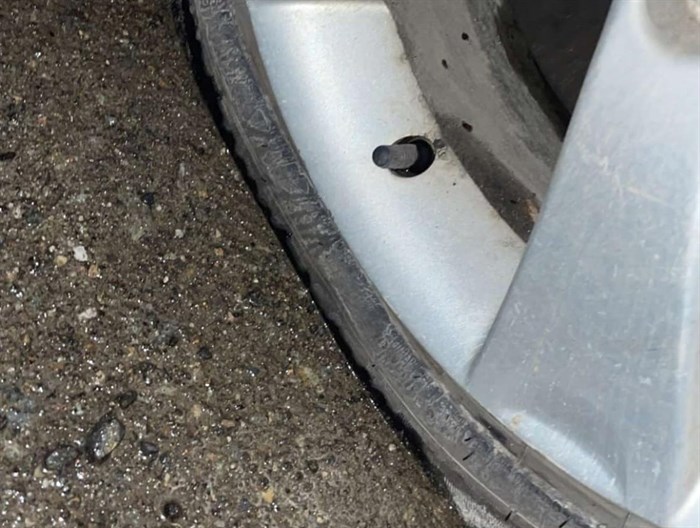 A tire that burst after hitting a pothole in Kamloops. 