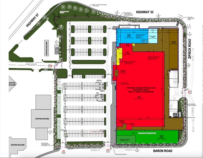 The red area is retail, brown is warehouse, blue is the service centre and green is the garden centre.