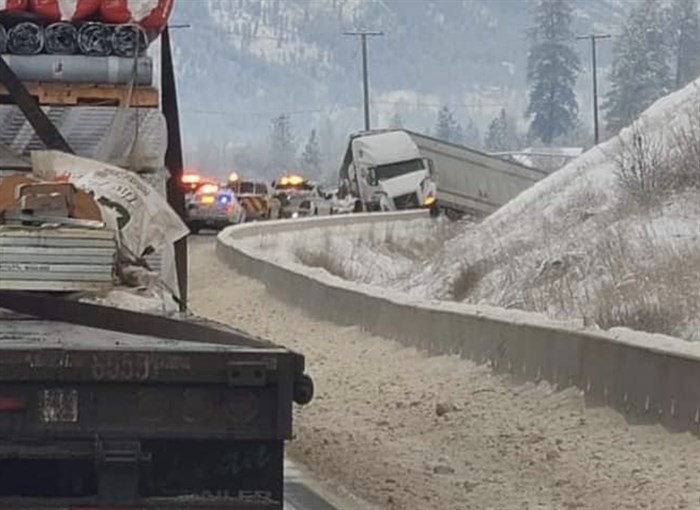 One driver is dead and the other has been taken to hospital after a crash between two commercial vehicles today on Highway 5 north of Kamloops today.
